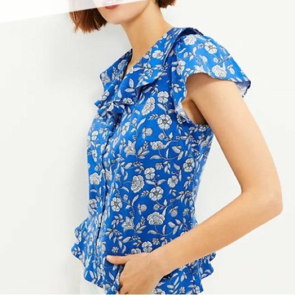 LOFT Floral Blue Ruffle Top - Picture 2 of 7